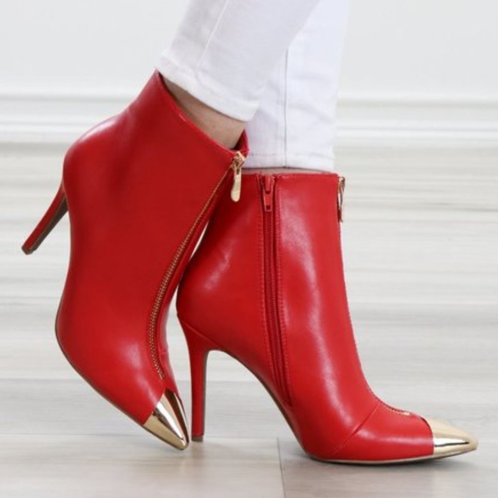 Pointy Toe Ankle Red Boots Faux Leather